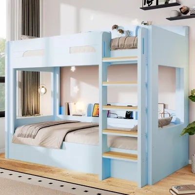 Immagine prodotto di Letto a castello 90x200 cm con porta USB, letto singolo per bambini con ripiani, letto a castello in legno con scaletta e protezioni laterali, colore azzurro