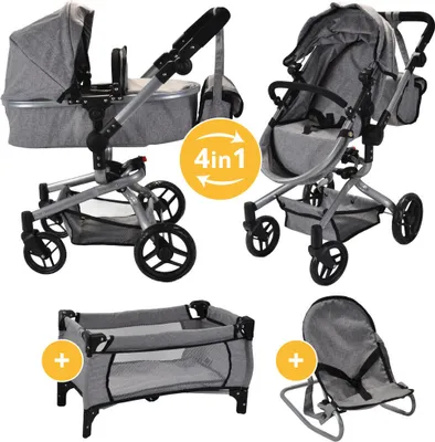 Produktbild von Bandits and Angels Modern Angel 4-in-1 Grey Megapack  Puppenwagen ab 3 Jahren für Mädchen – Spielzeug-Kinderwagen, Buggy, Puppenbett und Wippe – Rollen – mit Wickeltasche – grauer Puppenwagen