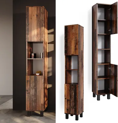 A collage of three tall, narrow wooden cabinets with a rustic finish. One cabinet is shown in a room setting, while the other two are shown against a white background, one with its doors open.