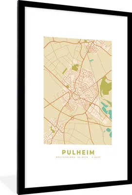 Produktbild von MuchoWow® Gerahmtes Poster Karte - Pulheim - Stadtplan - Vintage - Karte 60x90 cm - Poster mit Schwarzem Bilderrahmen Wandposter Rahmen Foto Bilder - Dekoration - Wandposter Wohnzimmer - Hochwertig