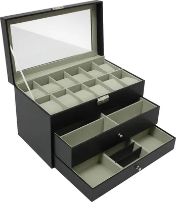Produktbild von Schmuckkästchen & Uhrenbox - 3-stöckig - 12 Uhrenfächer - Abschließbar - Glasdeckel - Samt-Innenraum - 33,5 x 19,4 x 20,5 cm - Schwarz