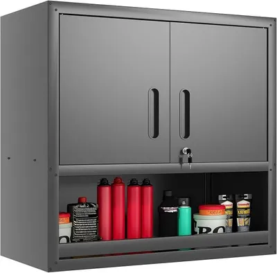 Produktbild von Werkzeugschrank aus Metall, wandmontierbar mit Schließtür, 1 Verstellbarer Einlegeboden und 1 offener Schub, H77cm, für Garage, Lager und Büro
