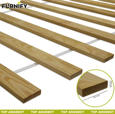 A close-up view of wooden bed slats, part of a bed frame, with a detail inset showing dimensions.