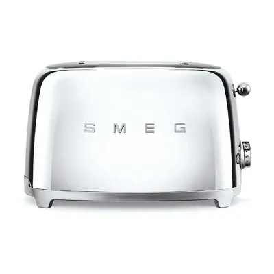 A front view of a chrome Smeg toaster on a white background.