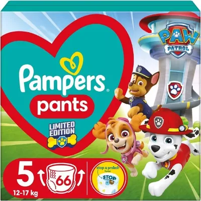 The image shows the front of a Pampers Pants diaper package featuring characters from the Paw Patrol cartoon.