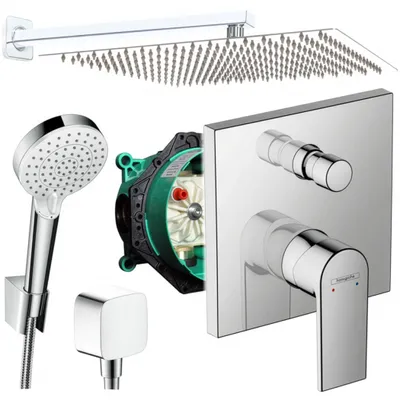 A collage of shower system components, including a shower head, shower arm, shower valve, and internal valve body.