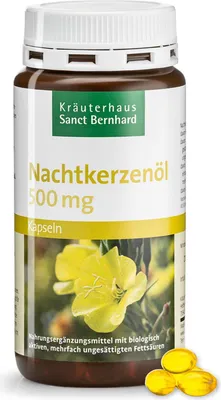 A bottle of Nachtkerzenöl (Evening Primrose Oil) capsules from Sanct Bernhard, with a close-up of the product and some capsules in the foreground.