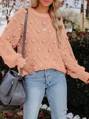 Obrázek produktu pro ASKSA Dámský svetr s kulatým výstřihem s bambulkami Pletený svetr Loose Plain Sweater, růžová, M