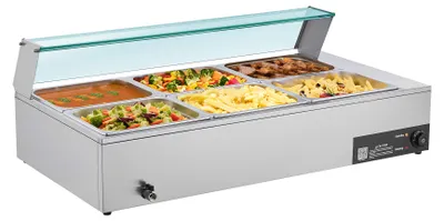 Produktbild von SucceBuy Kommerzieller Speisenwärmer mit 6 Behältern (1/2 Größe), 1,5 kW elektrischer Edelstahl-Wärmebehälter mit Glasabdeckung und Suppenkelle, ideal für Catering, Restaurants und Partys