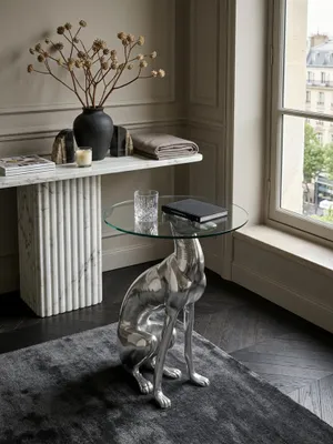 Produktbild von Design Deko Beistelltisch Figur DOG aus Aluminium Farbe Silber