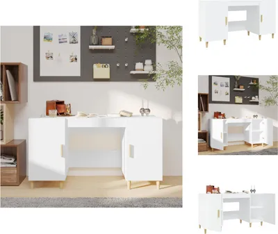 A collage of images showing a white desk with wooden legs, displayed in different angles and contexts.