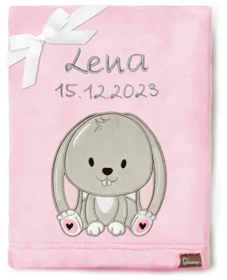Produktbild von Be Mammy Babydecke mit 3D Applikation bestickt mit Name und Geburtsdatum 76 x 102 cm BE20-280 (Puderrosa – Kaninchen, 76 x 102 cm)