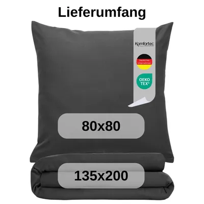 Produktbild von Komfortec Premium Bettwäsche 135x200 cm Bettbezug + 80x80 cm Kissenbezug, gebürstet 100% Polyester-Mikrofaser 120 g/m², 2teiliges Superweiches Bettwäsche-Set, Anthrazit