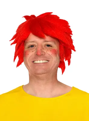 A man wearing a red wig and a yellow shirt against a white background.