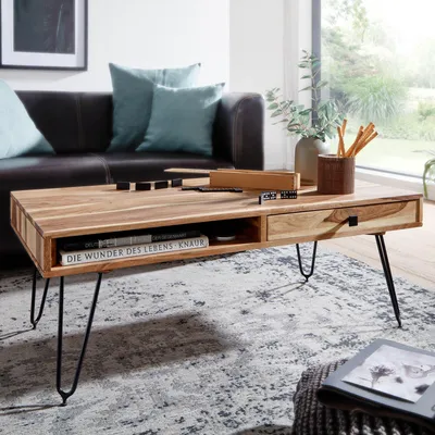 Produktbild von FineBuy Couchtisch Akazie Massivholz 110 cm · Industrial Wohnzimmertisch rechteckig mit Hairpin Beinen, 2 Schubladen & Ablagefächern · Handgefertigt