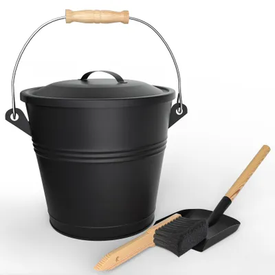 Produktbild von VOUNOT® Ascheeimer mit Deckel Feuerfest Metall Kohleeimer 5L mit Schaufel und Handbesen , Schwarz
