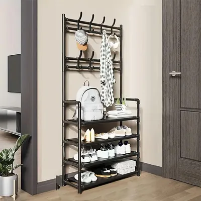 Produktbild von Sechsstöckiges Schuhregal, multifunktionales, freistehendes Schuhregal, Garderobenständer und Hutablage für den Eingangsbereich.