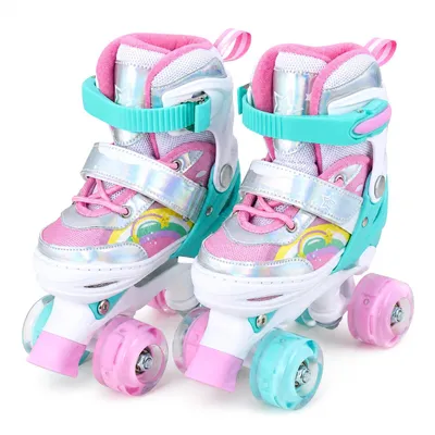 Produktbild von KOMFOTTEU Rollschuhe, Quad Skates mit 4 verstellbarer Größen & 2 leuchtende LED Räder, Kinderrollschuhe mit Regenbogenmuster für Mädchen, Jungen & Anfänger, Roller Skates für Innen- & Außenbereich(S)