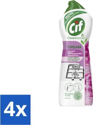 Produktbild von Cif Creme Pink Flower – Abrasiv – Gegen hartnäckigen Schmutz – Frischer Blumenduft – 750 ml - Vorteilspack - 4 Stücke