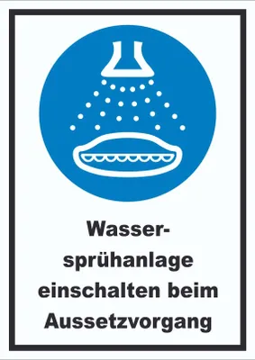 Produktbild von Wassersprühanlage einschalten beim Aussetzvorgang Schild A2 Rückseite selbstklebend