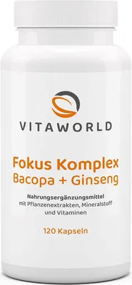 Produktbild von Vitaworld Fokus Komplex | 120 Kapseln | mit Bacopa, Ginseng & Ginkgo | Magnesium, B12 & Folsäure | vegan