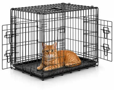 Productafbeelding van Lionto transportkooi voor katten, van metaal, stabiel en inklapbaar, met scheidingswand en kunststof bodem. Afmetingen: 92x58x64 cm