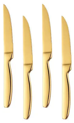 Obrázok produktu pre Sada 4 nožov na steak, 22 cm, nerezová oceľ, zúbkované, zlatá farba, vhodné do umývačky riadu