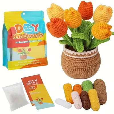 Produktbild von Häkelset Blumen Tulpen Gelb - DIY Häkelset Blumen im Topf ab 14 Jahren