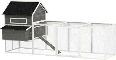 Produktbild von Hühnerstall aus Holz mit Auslauf Nistkasten Asphaltdach herausziehbar Tablett für 8-10 Hühner 347x160x150 cm Dunkelgrau