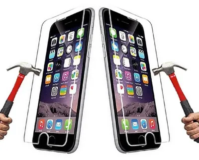 Two iPhones with screen protectors are shown, with hammers about to strike them to demonstrate their durability.