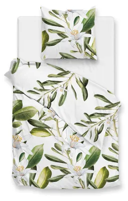 Produktbild von ZO! Home Renforcé Bettwäsche - Ragusa - Blätter mit weißen Blüten 135 x 200 cm grüne Blätter mit weißen Blüten, weißer Hintergrund