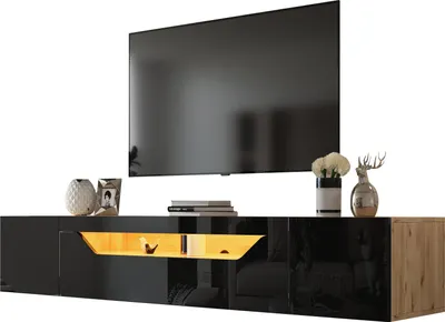 Obrázok produktu pre Závesná TV skrinka s LED osvetlením - S výklopnými dvierkami - 180 cm nástenná polica - Čierna