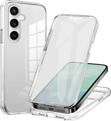 A clear protective phone case is shown, with one part of the case detached to reveal a smartphone inside.