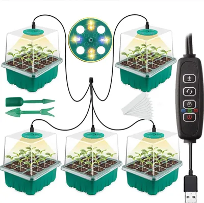 Produktbild von Zimmergewächshaus Anzuchtkasten mit Pflanzenlampe 5 Stück 60 Zellen Setzling Starter Tabletts Mini Treibhaus Anzuchtschale mit erhöhten Deckel für Pflanze