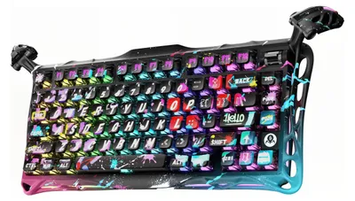 A gaming keyboard with a neon graffiti design.