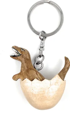 Image de Onwomania - Dinosaure T-Rex dans un oeuf - Porte-clés en bois fait main, idéal comme cadeau par ex. pour le meilleur ami, la meilleure amie, maman - Pour hommes, femmes & enfants