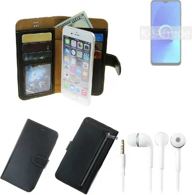 Produktbild von TOP SET Handy Hülle Schutz Hülle kompatibel mit Alcatel 3L  schwarz aus Kunstleder + Kopfhörer Smartphone Tasche vollwertige Geldbörse