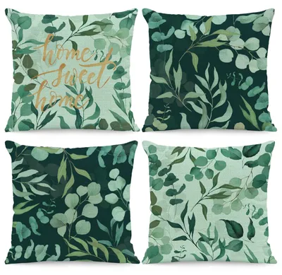 Kissenbezug 45x45 cm, 4er-Set, Leinen, grüne Blätter, dekorativ