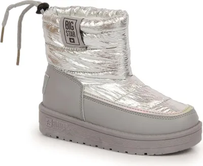 A single silver and gray child's boot is shown against a white background.