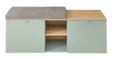 Produktbild von Garderobenbank - 120 x 38 cm - 2 Türen - Artisan Eiche Nachbildung - Schilfgrün - mit Kissen