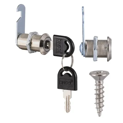 A set of three cabinet locks with keys and one screw, presented on a white background.