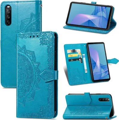 Collage of images showing a blue phone case for a Sony Xperia 10 III.