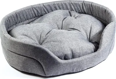 A gray dog bed is shown against a white background.