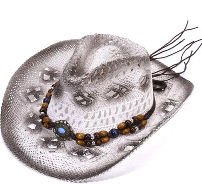 Immagine prodotto di Cappello da cowboy/cowgirl in paglia per uomo e donna, tesa larga, cavo, traspirante, sole con bordatura di perline, stile western, outdoor, spiaggia, viaggi