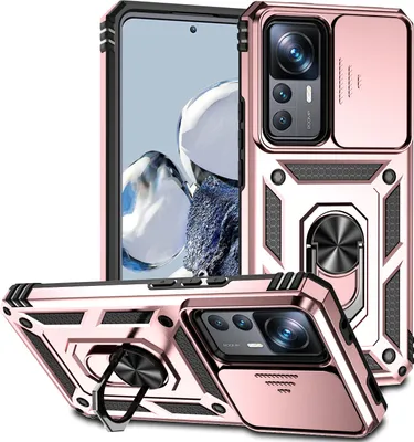 Image de Etui pour Xiaomi 12T / 12T Pro / Redmi K50 Ultra étui double couche avec protection coulissante de l'appareil photo et anneau de support Rose