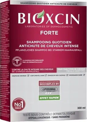 The image shows the front packaging of a Bioxcin Forte shampoo.
