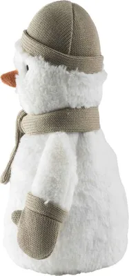 A plush snowman toy with a knitted hat and scarf.