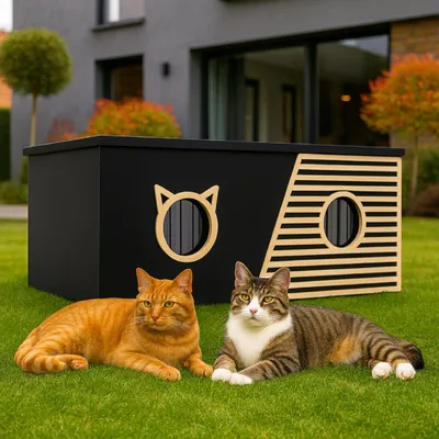 Produktbild von QLS Katzenhaus Outdoor XXL 85x45x37,5cm isoliert wetterfest mit Vorhang Schwarz 11398