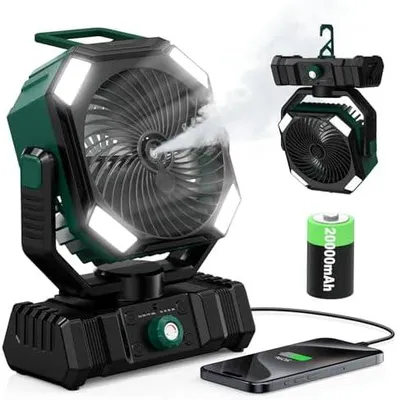 Produktbild von Camping Ventilator mit Sprühnebel & Wasserkühlung, 20000mAh Akku Ventilator, 45° 90° Oszillation, Haken, Fernbedienung, LED, USB Tischventilator für Outdoor Zelt, Terrasse, Reisen