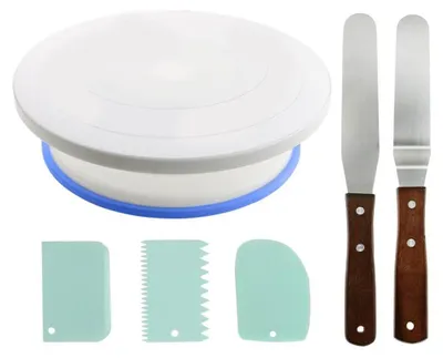Produktbild von 6-Teilig Tortenplatte drehbar Tortenständer 28x7cm - Kuchen Drehscheibe Torten Drehplatte mit 2Stück Winkelpalette und 3Stück Schaber für Backen Gebäck, Zuckerguss, Mustern